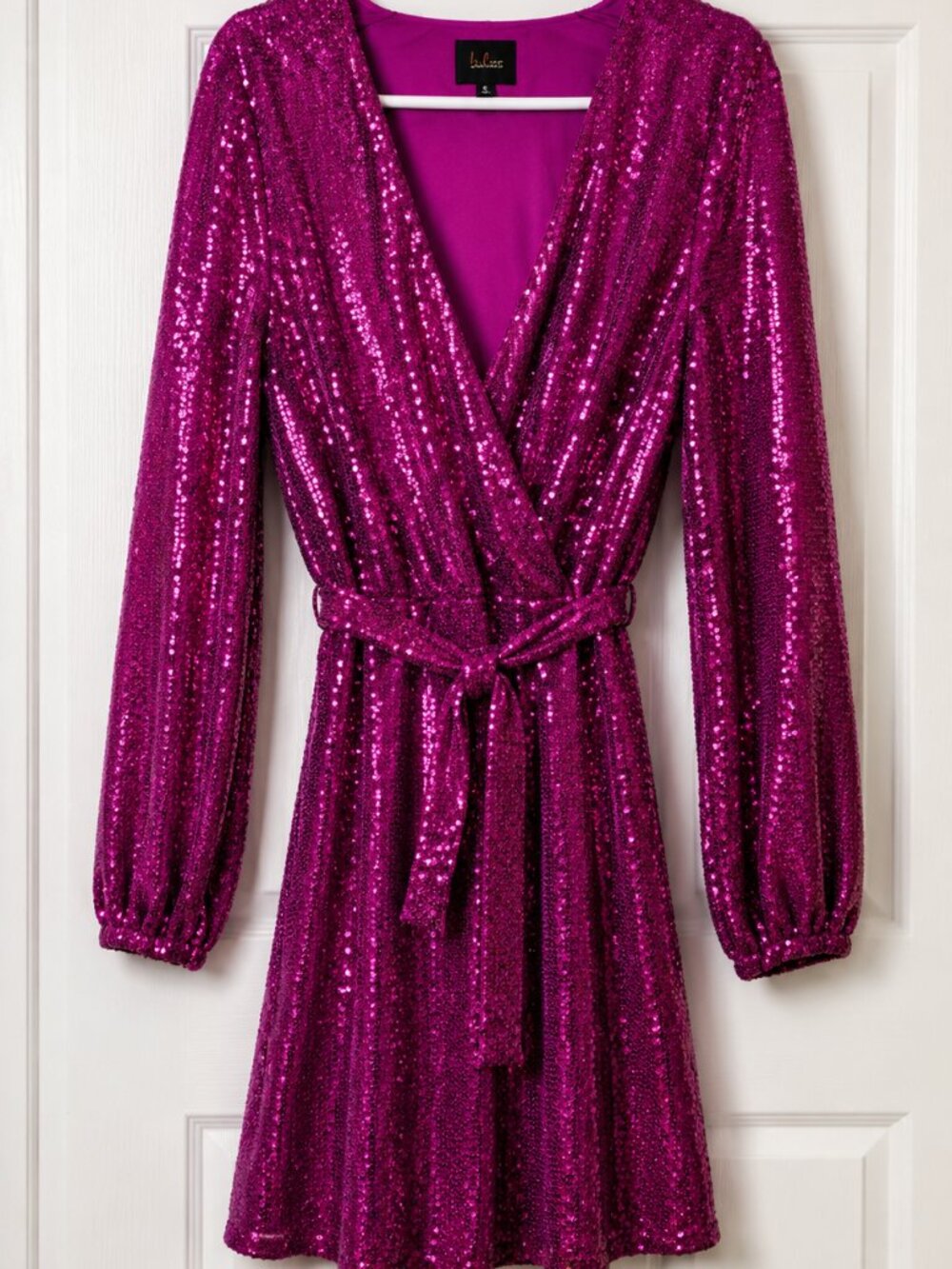 Magenta Sequin Wrap Dress ✨ Barbiecore Party Glam Long Sleeve Dress